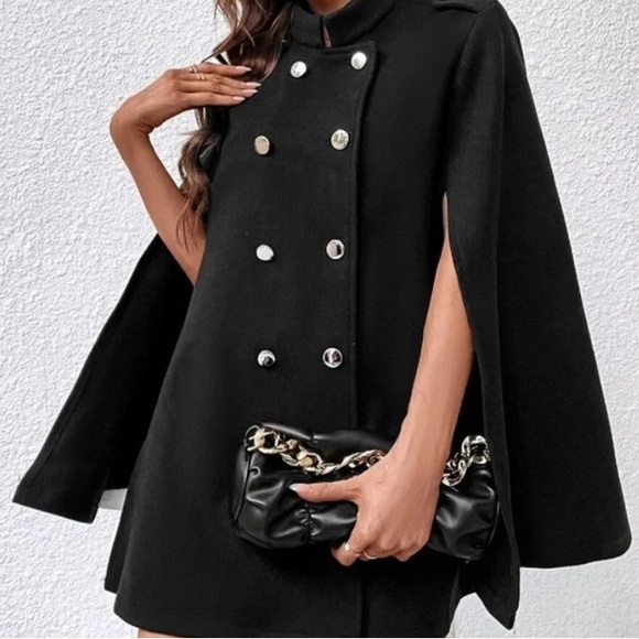 Luxe Black Double Breasted  Button Cape Coat - Picture 2 of 5